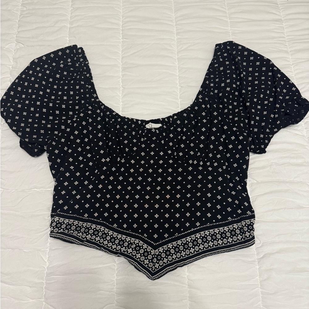 Japna Black and White Puff Sleeve Smocked Crop Blouse
